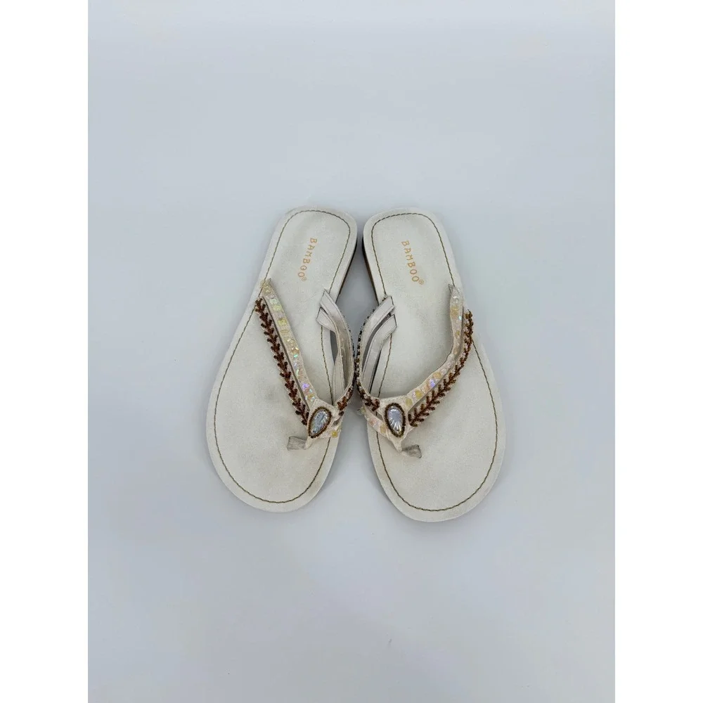 Bamboo Womens Beaded Thong Sandals Cream Sequin Boho Flip Flops Size 8